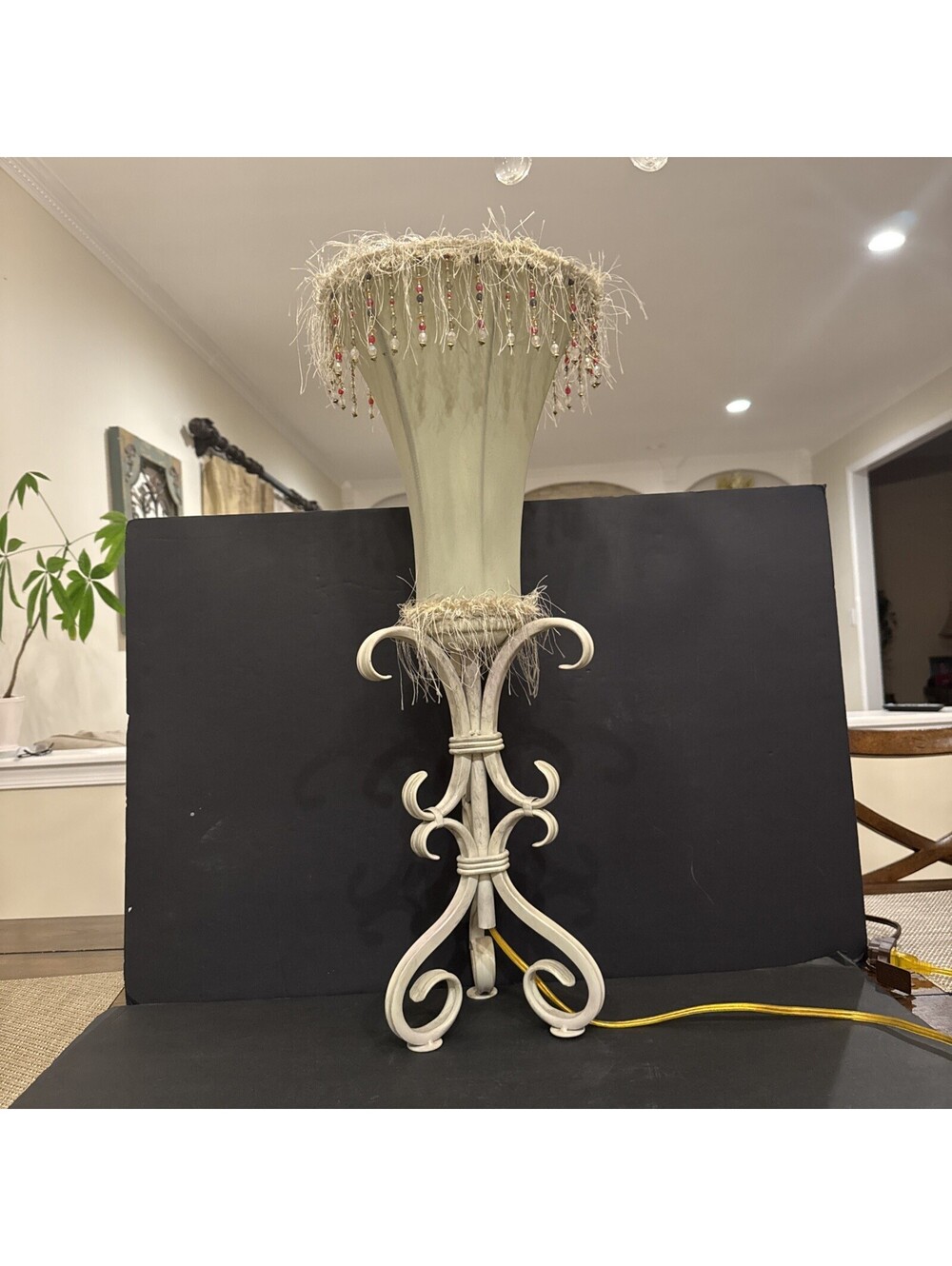 Vintage Bohemian Table Lamp  Ornate Scroll Iron Base W Beaded Fringe Tulip Shade